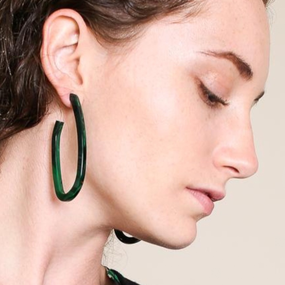 Rachel Comey ‘Maya’ Malachite earrings, acrylic, hypoallergenic steel posts.